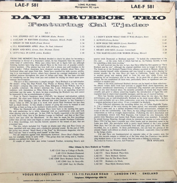 Image of Back Cover of LP - VG/VG+ - DAVE BRUBECK TRIO FEATURING CAL TJADER, Dave Brubeck Trio Featuring Cal Tjader (Vocalion; LAE-F 581, UK 1964, Laminated Flipback Sleeve), Minor Edge and Ring Wear, Biro Ticks on Rewar Sleeve,  - 2026138E