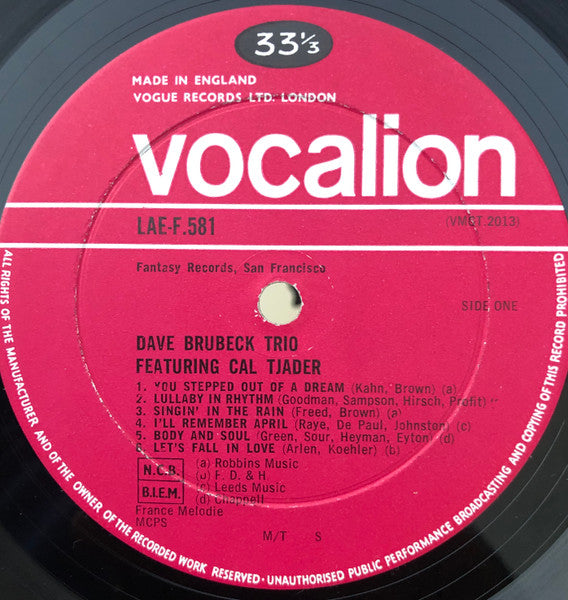 Image of Label Cover of LP - VG/VG+ - DAVE BRUBECK TRIO FEATURING CAL TJADER, Dave Brubeck Trio Featuring Cal Tjader (Vocalion; LAE-F 581, UK 1964, Laminated Flipback Sleeve), Minor Edge and Ring Wear, Biro Ticks on Rewar Sleeve,  - 2026138E