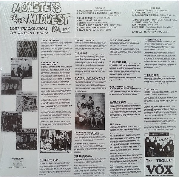 Image of Back Cover of LP - VG+/VG+ - VARIOUS, Monsters Of The Midwest Vol. III (Lost Tracks From The Action Sixties!) (Cavern; CAVE-3, US 2011 Reissue, Unofficial Compilation ), Light manufacture marks seen on many US pressings, Sleeve still in opened shrinkwrap,  - 2016243C