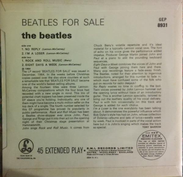 Image of Back Cover of 7" - VG/G+ - THE BEATLES, Beatles For Sale (Parlophone; GEP 8931, UK 1981 Reissue, Laminated Flipback Sleeve, Four Prong Centre ), Light Marks only.,  - 2016251C