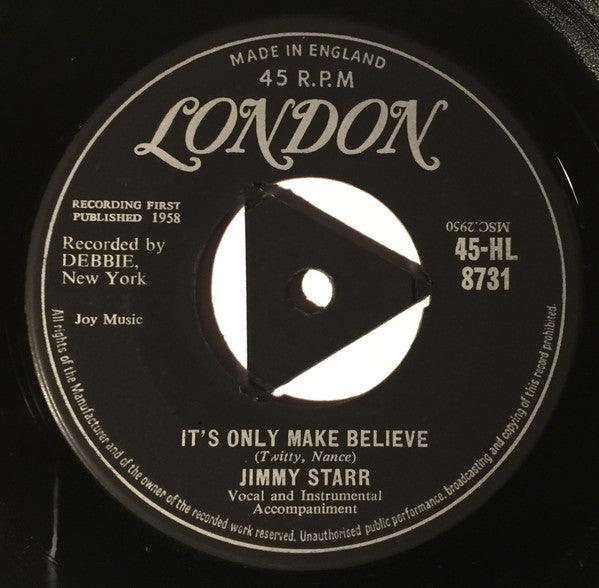 Image of Front Cover of 7" - VG/G+ - JIMMY STARR, It's Only Make Believe (London Records; 45-HL.8731, UK 1958, Company Sleeve), Hairlines, No centre, With correct company sleeve,  - 2016252C