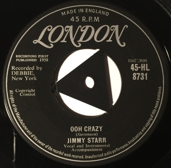 Image of Back Cover of 7" - VG/G+ - JIMMY STARR, It's Only Make Believe (London Records; 45-HL.8731, UK 1958, Company Sleeve), Hairlines, No centre, With correct company sleeve,  - 2016252C