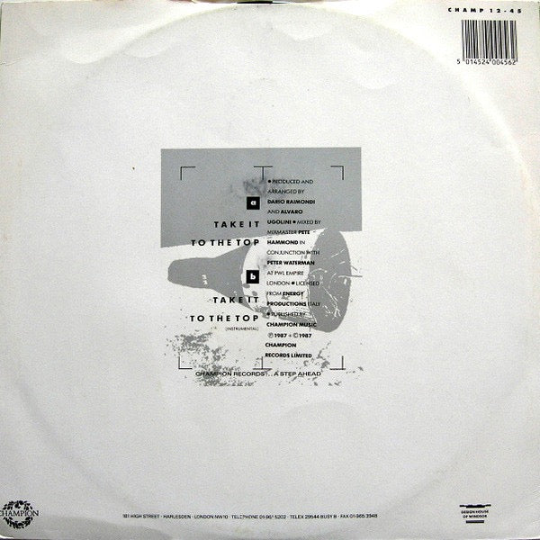 Image of Back Cover of 12" - VG/VG - ADVANCE, Take It To The Top (Champion; CHAMP 12-45, UK 1987, Picture Sleeve), ,  - 2016207C