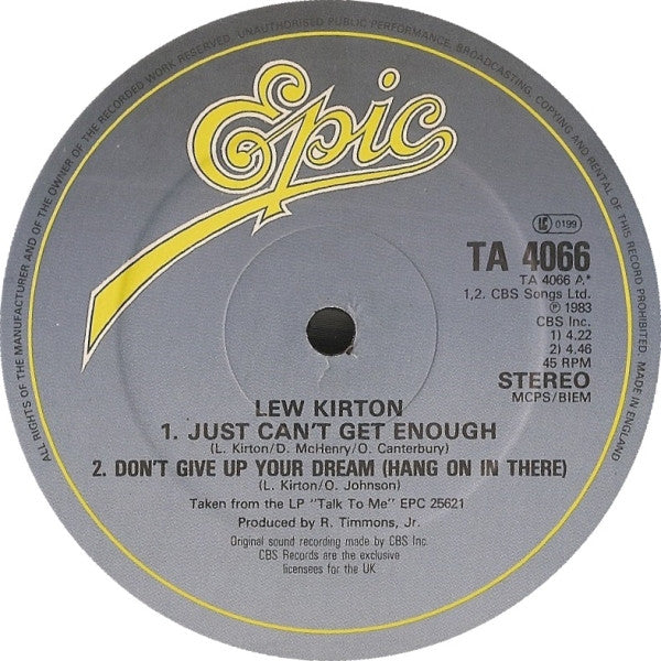 Image of Front Cover of 12" - VG/VG+ - LEW KIRTON, Just Can't Get Enough (Epic; TA 4066, UK 1983, Company Sleeve), , A1 Just Can't Get EnoughA2 Don't Give Up Your Dream (Hang On In There)B Here's My Love (Come And Get It) - 2016360C