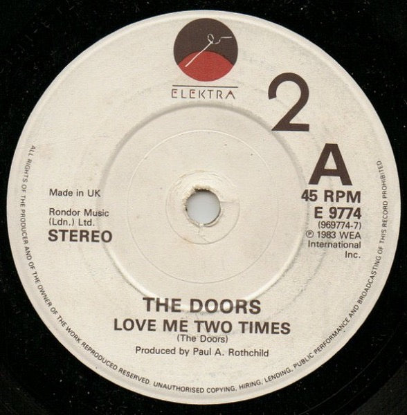 Image of Back Cover of LP - VG+/VG+ - THE DOORS, Gloria / Love Me Two Times (Elektra; E 9774, UK 1983, Company Sleeve), ,  - 2016257C