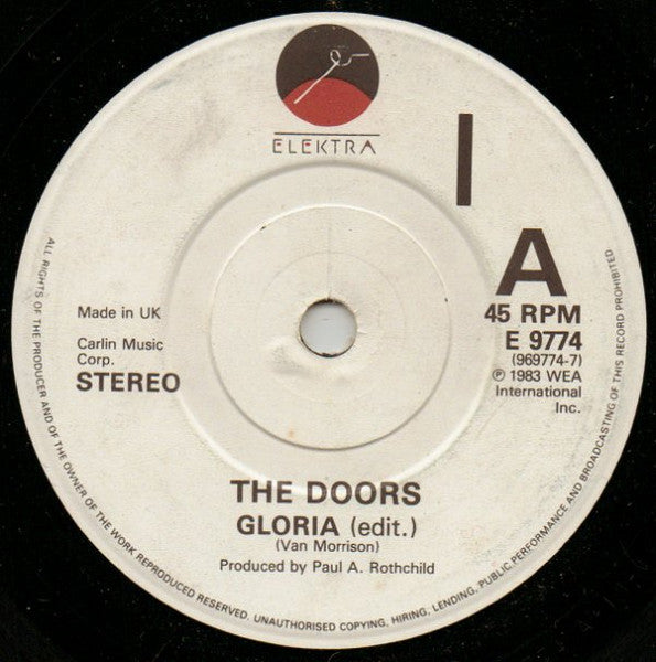 Image of Front Cover of LP - VG+/VG+ - THE DOORS, Gloria / Love Me Two Times (Elektra; E 9774, UK 1983, Company Sleeve), ,  - 2016257C