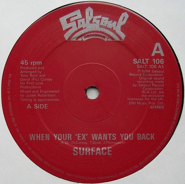 Image of Label Cover of 12" - VG/G+ - SURFACE, When Your 'Ex' Wants You Back (Salsoul Records; SALT 106, UK 1984, Picture Sleeve), Light Marks only.,  - 2016355C