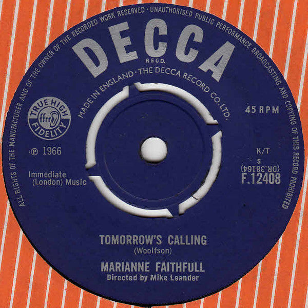 Image of Front Cover of 7" - VG/VG - MARIANNE FAITHFULL, Tomorrow's Calling (Decca; F.12408, UK 1966, Company Sleeve), ,  - 2016258C
