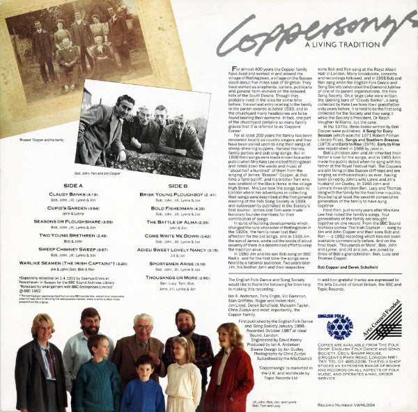 Image of Back Cover of LP - VG/VG - COPPER FAMILY, Coppersongs - A Living Tradition (EFDSS Records; VWML004, UK 1988, Insert), A few hairlines ,  - 3216408C
