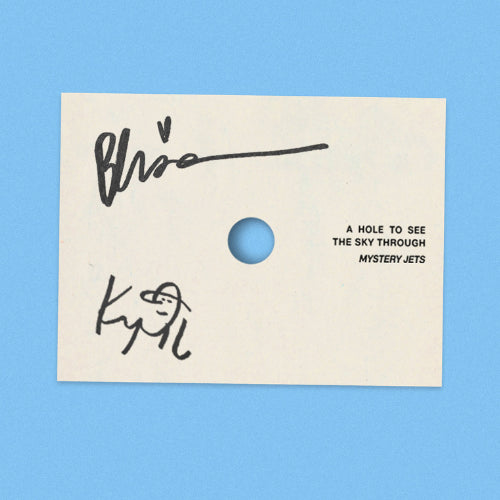 Image of Back Cover of LP - NEW/NEW - MYSTERY JETS, A Hole To See The Sky Through - Dinked Edition (Fiction Records; Jets7003, UK 2026, Blue & White "Sky Burst" Vinyl, Limited Pressing of 1,000, Dinked Edition No. 414, "See The Sky" perforated peep hole sleeve with blue sky printed inner.), , Mystery Jets return with  A Hole To See The Sky Through , a conceptually rich new album that acts as the inward-facing counterpart to  Curve of the Earth , shifting focus from vast external landscapes to the intimate w