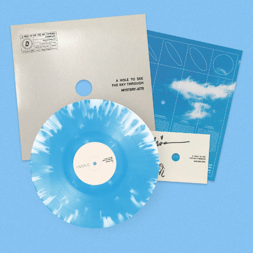 Image of Front Cover of LP - NEW/NEW - MYSTERY JETS, A Hole To See The Sky Through - Dinked Edition (Fiction Records; Jets7003, UK 2026, Blue & White "Sky Burst" Vinyl, Limited Pressing of 1,000, Dinked Edition No. 414, "See The Sky" perforated peep hole sleeve with blue sky printed inner.), , Mystery Jets return with ‘A Hole To See The Sky Through’, a conceptually rich new album that acts as the inward-facing counterpart to ‘Curve of the Earth’, shifting focus from vast external landscapes to the intimate 