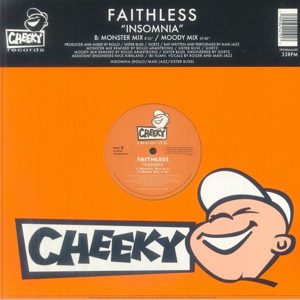 Image of Front Cover of 12" - NEW/NEW - FAITHLESS, Insomnia (30th Anniversary) (Sony; 19958444191, Europe 2026 Reissue, Orange Vinyl), , To celebrate three decades of one of electronic music s most iconic tracks,  Insomnia  by Faithless will be released as a 12  single on orange vinyl. Featuring classic mixes of the track including fan favourite Armand Van Helden European Vacation Mix as well as the Original Mix, this colour vinyl is housed in a replica die-cut Cheeky Records house bag and will be released 