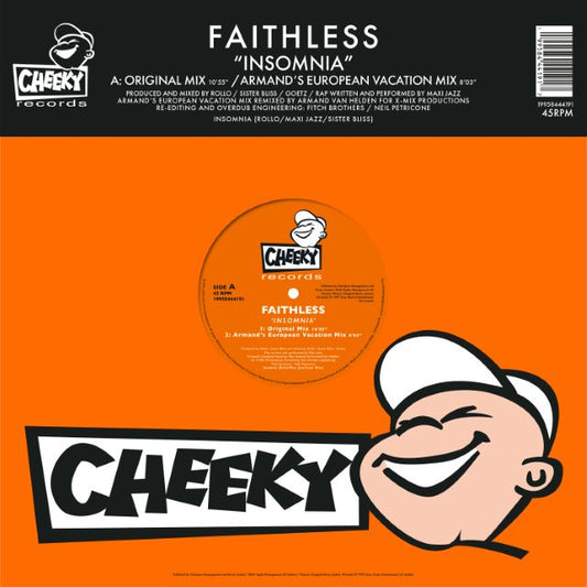 Image of Front Cover of 12" - NEW/NEW - FAITHLESS, Insomnia (30th Anniversary) (Sony; 19958444191, Europe 2026 Reissue, Orange Vinyl), , To celebrate three decades of one of electronic music s most iconic tracks,  Insomnia  by Faithless will be released as a 12  single on orange vinyl. Featuring classic mixes of the track including fan favourite Armand Van Helden European Vacation Mix as well as the Original Mix, this colour vinyl is housed in a replica die-cut Cheeky Records house bag and will be released 