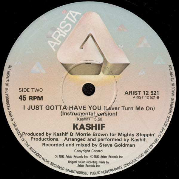 Image of Back Cover of 12" - VG/VG - KASHIF, I Just Gotta Have You (Lover Turn Me On) / Instrumental (Arista; ARIST 12 521, UK 1982, Company Sleeve), ,  - 3626183E