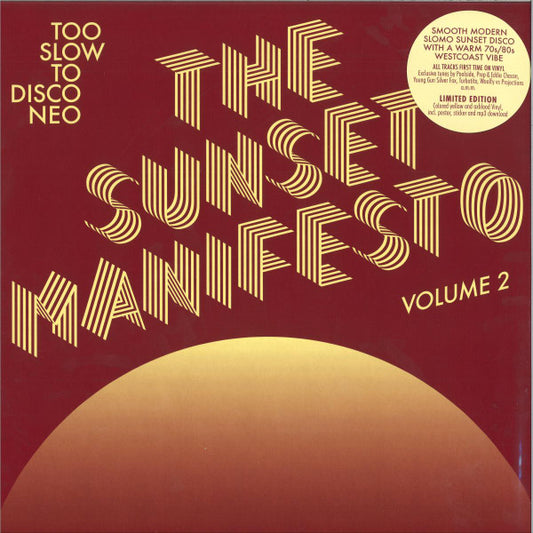 Image of Front Cover of 2xLP - VG+/VG+ - VARIOUS, The Sunset Manifesto (Too Slow To Disco Neo) (Volume 2) (How Do You Are?; HDYA-NEO-11LP, Germany 2025, Picture Sleeve, Black Inners, 2 x LP, one Yellow, one Oxblood.), ,  - 2026247E