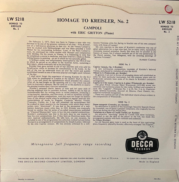 Image of Back Cover of 10" LP - VG+/VG+ - ALFREDO CAMPOLI, ERIC GRITTON, Homage to Kreisler No.2 (Decca; LW 5218, UK 1957, Laminated Scalloped Flipback Sleeve), ,  - 2026159E