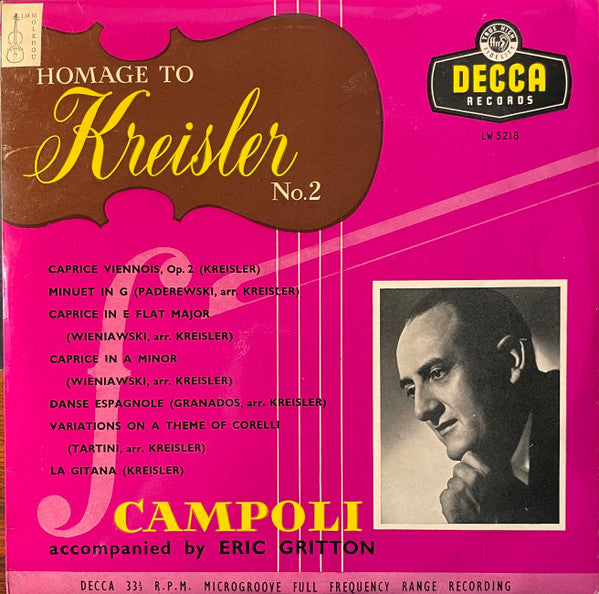 Image of Front Cover of 10" LP - VG+/VG+ - ALFREDO CAMPOLI, ERIC GRITTON, Homage to Kreisler No.2 (Decca; LW 5218, UK 1957, Laminated Scalloped Flipback Sleeve), ,  - 2026159E