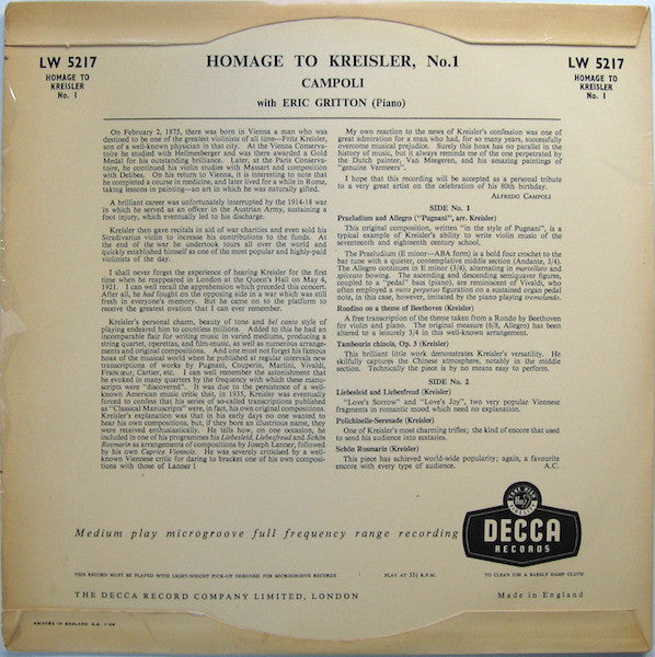 Image of Back Cover of 10" LP - VG+/VG+ - ALFREDO CAMPOLI, ERIC GRITTON, Homage to Kreisler No.1 (Decca; LW 5217, UK 1957, Laminated Scalloped Flipback Sleeve), ,  - 2026160E