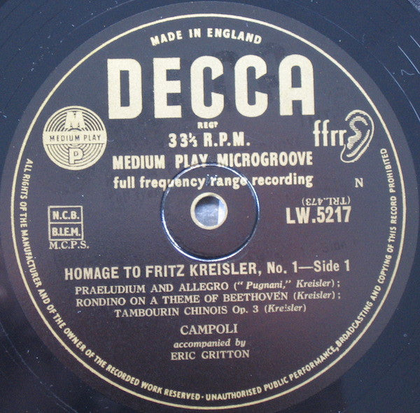 Image of Label Cover of 10" LP - VG+/VG+ - ALFREDO CAMPOLI, ERIC GRITTON, Homage to Kreisler No.1 (Decca; LW 5217, UK 1957, Laminated Scalloped Flipback Sleeve), ,  - 2026160E