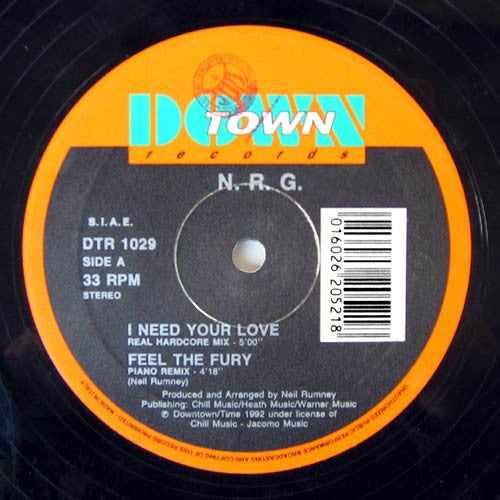 Image of Front Cover of 12" - /G+ - N.R.G., Feel The Fury Remix EP (Downtown; DTR 1029, Italy 1992), , A1 I Need Your Love (Real Hardcore Mix)A2 Feel The Fury (Piano Remix)B1 He Never Lost His Hardcore (Remix)	B2 Get Funky In The Place (Mozart Remix) - 2016446C