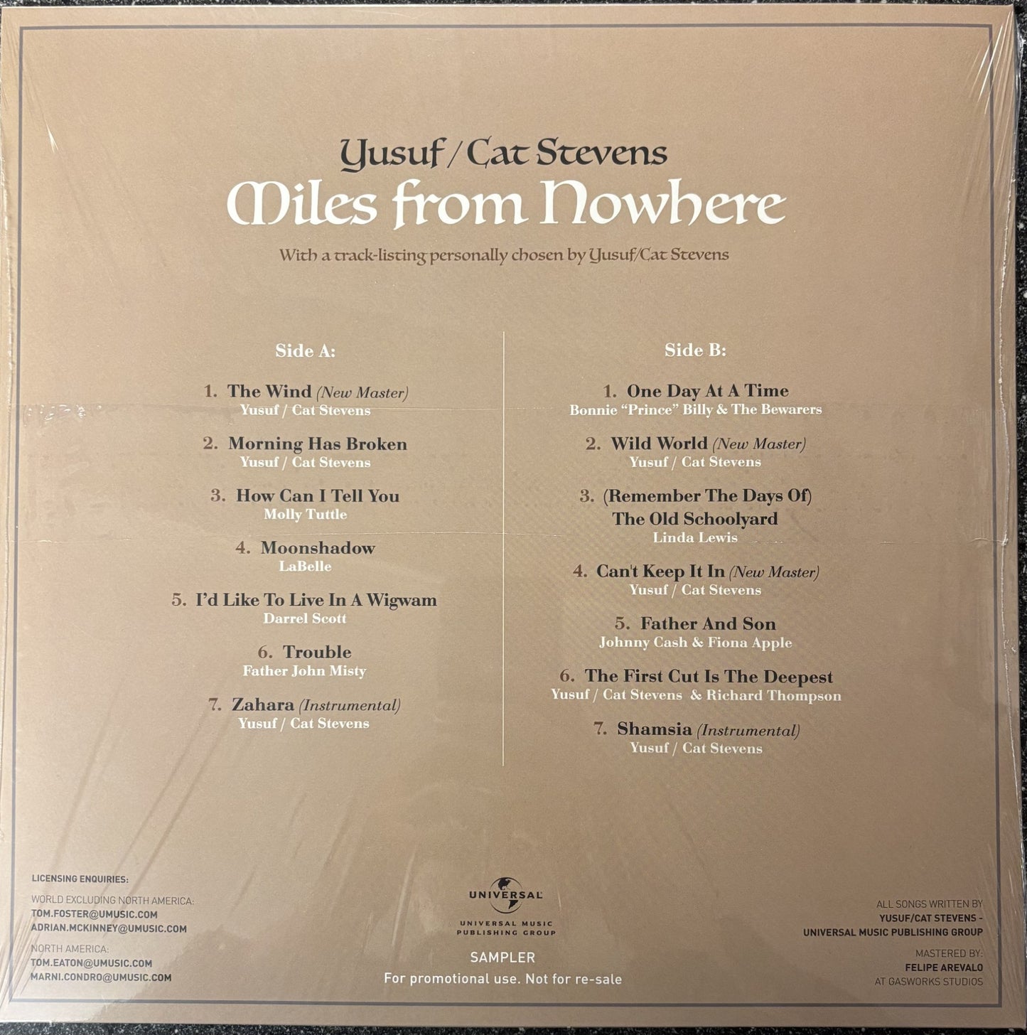 Image of Back Cover of LP - EX/EX - YUSUF / CAT STEVENS, Miles From Nowhere (Universal Music Publishing Group; YUSUFCAT0048, UK 2025, Promo Only, Inner, Originals and covers including Johnny Cash, Father John Misty, Bonnie Prince Billy...), Opened Instore, Still In Shrinkwrap,  - 2046189S