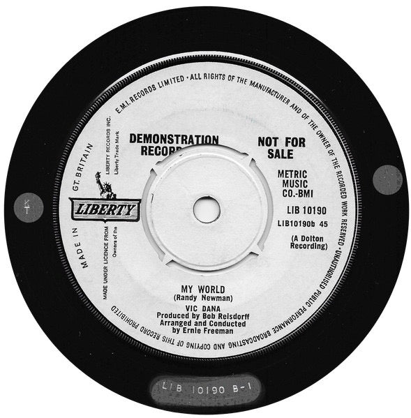 Image of Back Cover of 7" - VG/VG - VIC DANA, Red Roses For A Blue Lady / My World (Liberty; LIB 10190, UK 1965, A Label Promo, Company Sleeve), With correct co. sleeve and manufacturer date stamp on intact centre,  - 2016406C