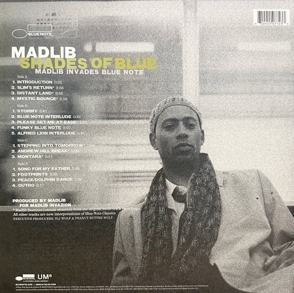 Image of Back Cover of 2xLP - VG+/VG+ - MADLIB, Shades of Blue (Blue Note; 5507723, Europe 2023 Reissue, Gatefold, 180g Vinyl, Mastered by Kevin Gray), , The sound of Blue Note had been embedded in hip-hop through sampling and remixes since its early days but Madlib raised the bar when the DJ, producer, rapper and multi-instrumentalist invaded the Blue Note vaults for his 2003 masterpiece Shades of Blue, a visionary album featuring remixes and reimaginations of classics by Donald Byrd, Bobbi Humphrey, Ronni