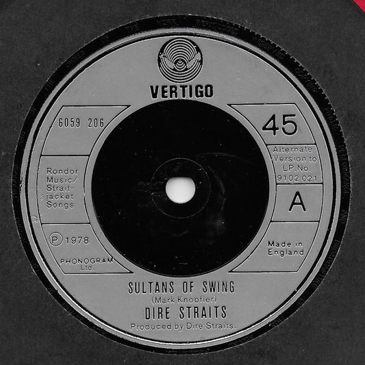 Image of Front Cover of 7" - VG/VG+ - DIRE STRAITS, Sultans Of Swing (Vertigo; 6059 206, UK 1978, Company Sleeve, Silver Injection Label), Clean glossy disc, Light sleeve wear,  - 2016407C