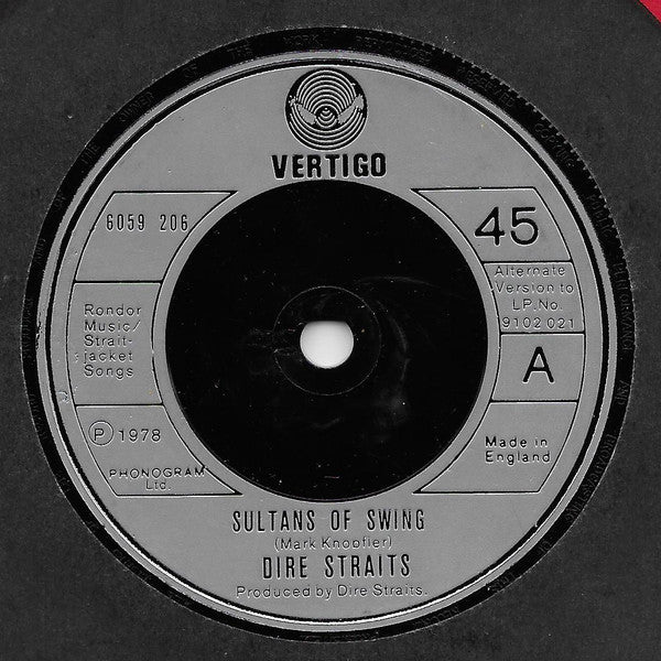 Image of Front Cover of 7" - VG/VG+ - DIRE STRAITS, Sultans Of Swing (Vertigo; 6059 206, UK 1978, Company Sleeve, Silver Injection Label), Clean glossy disc, Light sleeve wear,  - 2016407C