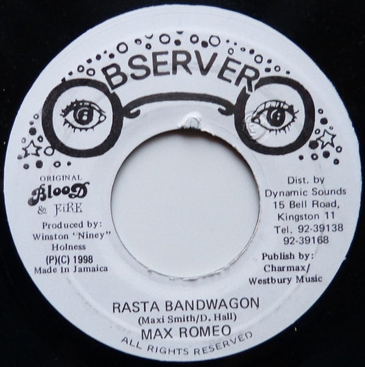 Image of Front Cover of 7" - /VG - MAX ROMEO, Rasta Bandwagon (Observer; , Jamaica 1998 Reissue), Quite a few visible superficial scuffs, plays fine.,  - 2016384C