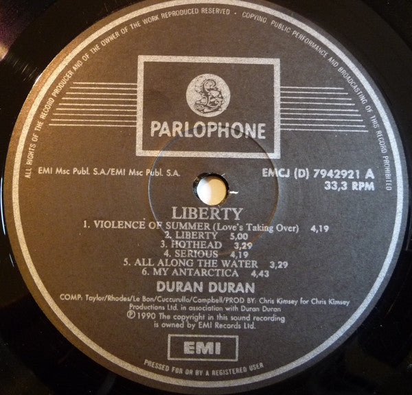 Image of Label Cover of LP - VG+/G+ - DURAN DURAN, Liberty (Parlophone; EMCJ (D) 7942921, South Africa 1990, Inner), Lots of fine, light marks.,  - 2016455C