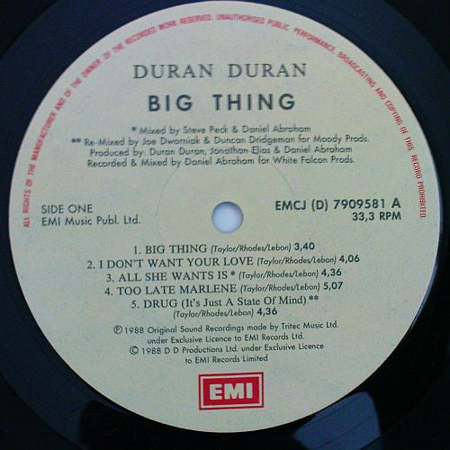 Image of Label Cover of LP - VG/VG - DURAN DURAN, Big Thing (EMI; EMCJ (D) 7909581, South Africa 1988, Inner), Edge and ring wear.,  - 2016456C