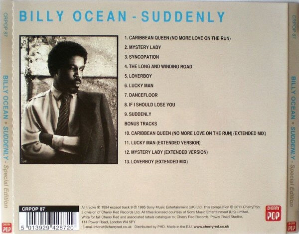 Image of Back Cover of CD - VG+/VG+ - BILLY OCEAN, Suddenly (Cherry Pop ; CRPOP 87, Europe 2011 Reissue, Jewel Case), Nice copy showing minimal sign of use.,  - 2016481C