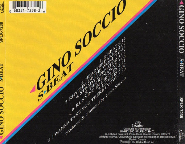 Image of Back Cover of CD - VG+/VG+ - GINO SOCCIO, S-Beat (Unidisc; SPLK-7238, Canada 1994 Reissue, Jewel Case), Nice copy showing minimal sign of use.,  - 2016486C