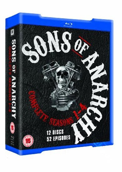 Image of Front Cover of 12xBlu-Ray - VG+/VG+ - KURT SUTTER, Sons of Anarchy: Complete Seasons 1-4 (20th Century Studios; , Europe 2011, Box Set, Region B, A), , Complete seasons 1-4 of the popular US biker drama series.Led by Clay Morrow (Ron Perlman), the outlaw motorcycle club, Sons of Anarchy, exerts a Mafia-like hold over the small Northern Californian town of Charming.The gang has to deal with threats to its authority, as well as internal tensions, such as the ever-growing doubts of its deputy lea