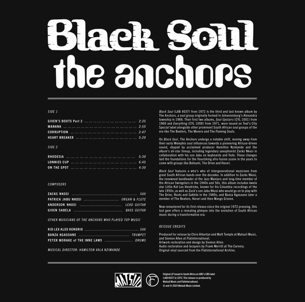 Image of Back Cover of LP - VG+/VG+ - THE ANCHORS, Black Soul (Matsuli Music; MM129, South Africa 2025 Reissue), Still in stickered shrink.,  - 2016516C