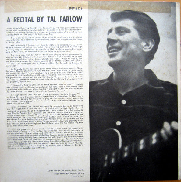 Image of Back Cover of LP - G/G+ - TAL FARLOW, A Recital By Tal Farlow (Verve Records; MG V-8123, US 1957 Reissue), Seam split on top of the sleeve, light marks on disc.,  - 2046280S