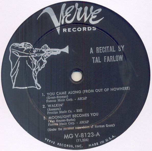 Image of Label Cover of LP - G/G+ - TAL FARLOW, A Recital By Tal Farlow (Verve Records; MG V-8123, US 1957 Reissue), Seam split on top of the sleeve, light marks on disc.,  - 2046280S