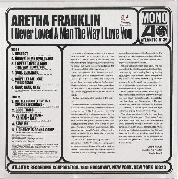 Image of Back Cover of LP - VG+/VG+ - ARETHA FRANKLIN, I Never Loved A Man The Way I Love You (Atlantic; 8139, US 2019 Reissue, Pasteback Sleeve, Booklet, Print, Mono, 180 Gram Purple/White Vinyl, Vinyl Me Please exclusibe, with Obi), ,  - 2046263S