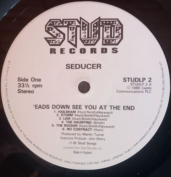 Image of Label Cover of LP - G+/VG - SEDUCER, 'Eads Down - See You At The End (Stud Records; STUDLP 2, UK 1986), Rip to sleeve front,  - 2026333E