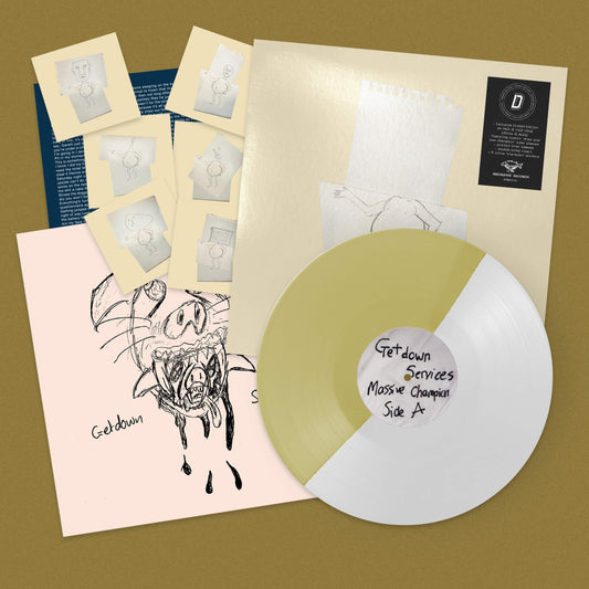 Image of Front Cover of LP - NEW/NEW - GETDOWN SERVICES, Massive Champion - Dinked Edition (Breakfast Records; BR083LPH, UK 2026, Half & Half White & Gold Vinyl, Limited Pressing of 1,000, Dinked Edition No. 415, Custom outer sleeves with space for fan drawing (best wins a prize), Six stickers of the different “champions”, 12” x 12” double-sided insert.), , ‘Massive Champion’ is the highly anticipated new album from Bristol’s Getdown Services, the follow up to cult classic debut ‘Crisps’.An odyssey of ana