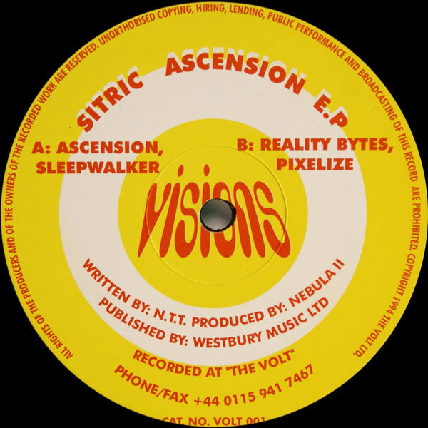 Image of Front Cover of 12" EP - /G+ - SITRIC, Ascension E.P. (Visions; VOLT 001, UK 1994), Lots of marks and hairlines., A1		AscensionA2		SleepwalkerB1		Reality BytesB2		Pixelize - 2116017C