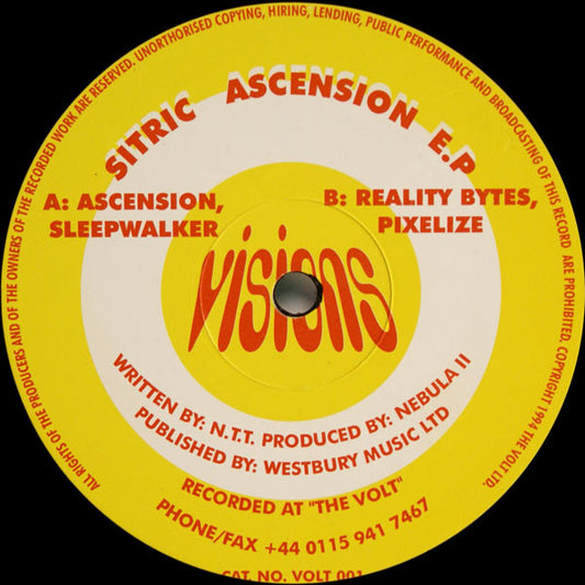 Image of Front Cover of 12" EP - /G+ - SITRIC, Ascension E.P. (Visions; VOLT 001, UK 1994), Lots of marks and hairlines., A1		AscensionA2		SleepwalkerB1		Reality BytesB2		Pixelize - 2116017C