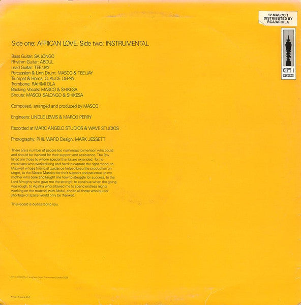 Image of Back Cover of 12" - VG+/VG+ - MASCO, African Love (City 1 Records; CRO 1, UK 1986), ,  - 2146057S
