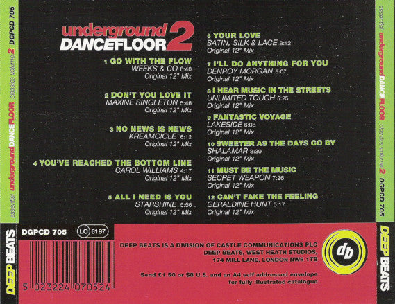 Image of Back Cover of CD - VG+/VG+ - VARIOUS, Essential Underground Dancefloor Classics Volume 2 (Deepbeats; DGPCD 705, UK 1994), ,  - 2156021S