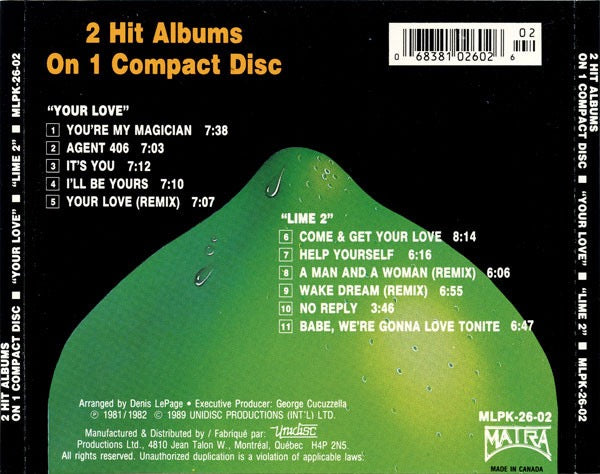 Image of Back Cover of CD - VG+/VG+ - LIME, Your Love / Lime 2 (2 Hit Albums) (Matra; MLPK-26-02, Canada 1989 Reissue, Jewel Case), Nice copy showing minimal sign of use.,  - 2116009C
