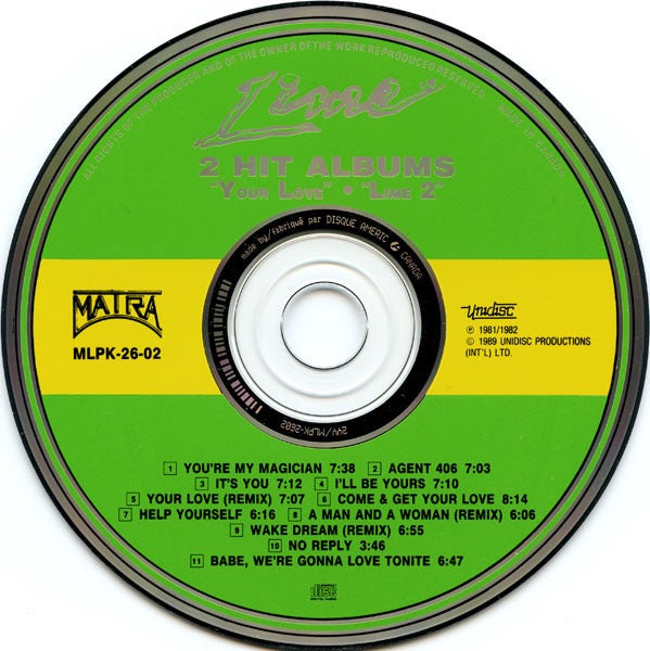 Image of Label Cover of CD - VG+/VG+ - LIME, Your Love / Lime 2 (2 Hit Albums) (Matra; MLPK-26-02, Canada 1989 Reissue, Jewel Case), Nice copy showing minimal sign of use.,  - 2116009C