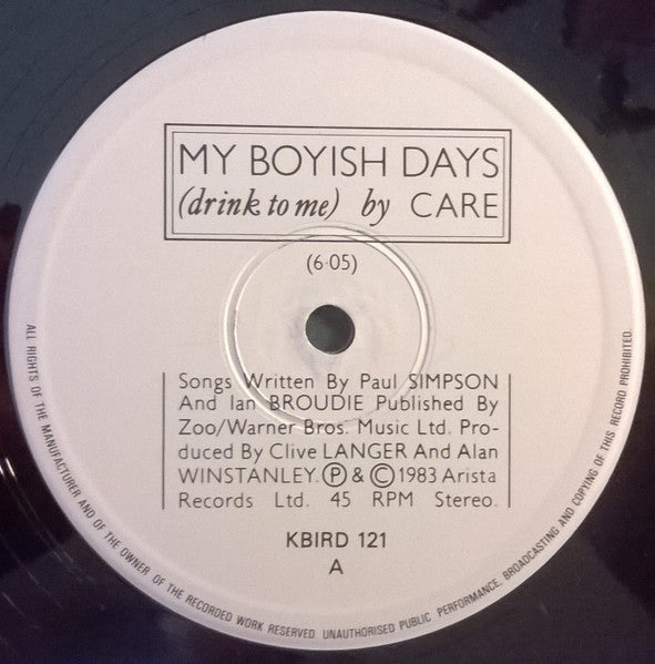 Image of Label Cover of 12" - VG/VG+ - CARE, My Boyish Days (Drink To Me) (Arista; KBIRD 121, UK 1983, Picture Sleeve, Ian Broudie), ,  - 2126036E