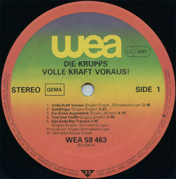 Image of Label Cover of LP - VG/VG - DIE KRUPPS, Volle Kraft Voraus! (WEA; WEA 58 463, Germany 1982, Inner), ,  - 2126072E