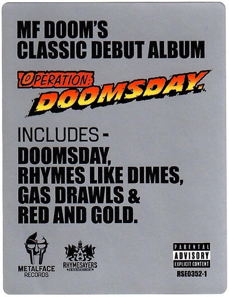 Image of Label Cover of 2xLP - VG+/VG+ - MF DOOM, Operation: Doomsday (Metal Face Records; 826257035219, Europe 2023 Reissue), Still In Opened Shrinkwrap With Hype Sticker,  - 3916178C